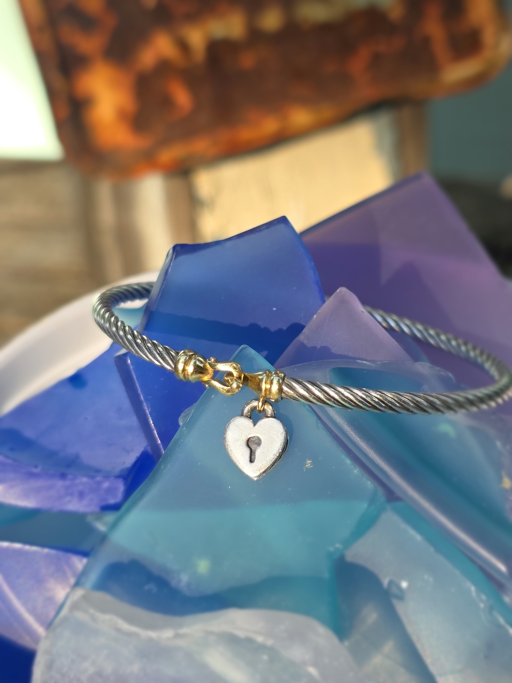 David Yurman Silver Cable Bracelet with Gold Accents and Heart Lock Charm